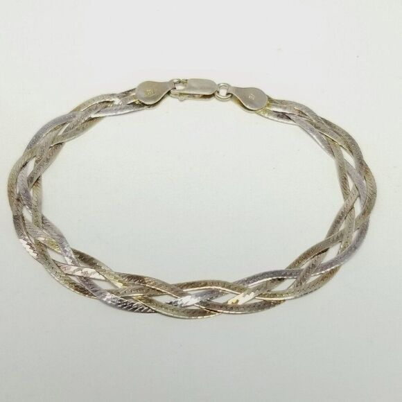 Vintage Sterling Silver Braided Flat Chain Bracelet, 7 1/4 Inches Long, Italy - Picture 1 of 6